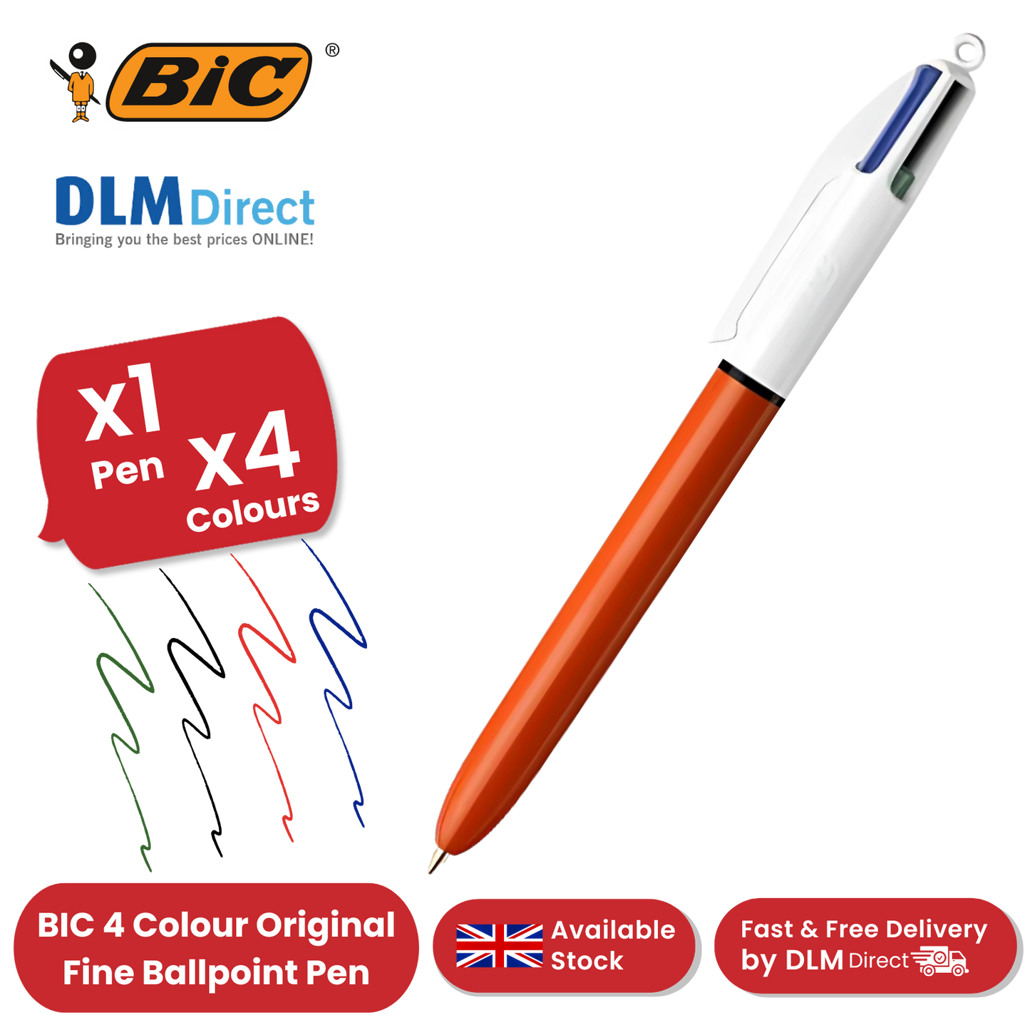 Bic 4-Colours Original Fine Ballpoint Pen 1.0mm Tip - Single Pen