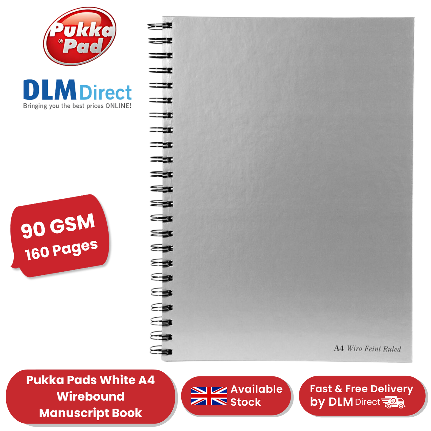 PUKKA PADS WHITE A4 WIREBOUND MANUSCRIPT BOOK 160 page 90gsm (RULED) - PACK OF 1 to 5