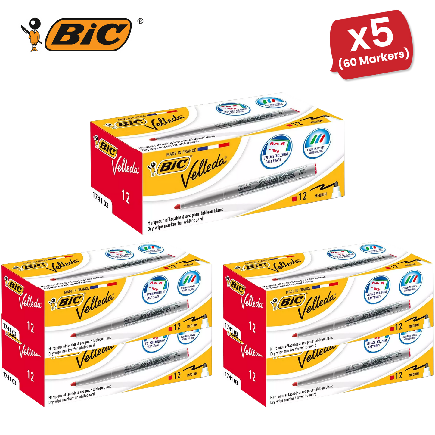 Bic Velleda 1741 Whiteboard Drywipe Markers Red – Long-Lasting Pens Box of 12Bic Velleda 1741 Whiteboard Drywipe Markers Red – Long-Lasting Pens Box of 12