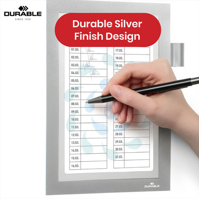 Durable DURAFRAME Magnetic Frame, Silver A5 Wall Mount Magnetic Display with Pen Holder for Work