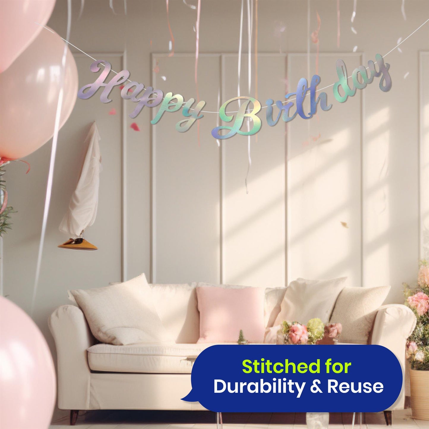 Party Banner � Happy Birthday Silver Iridescent Stitched Garland � 1.5 Metres