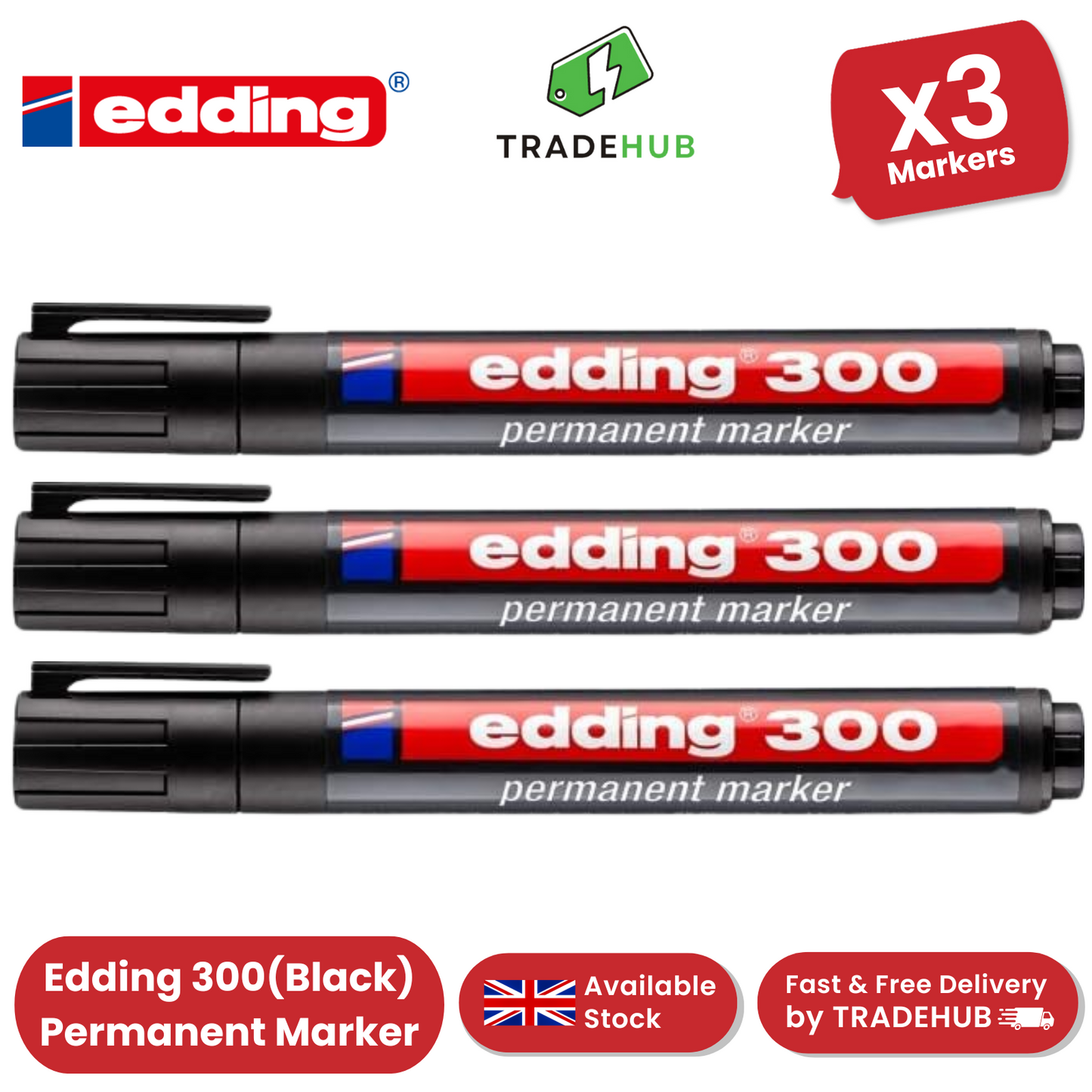 Edding 300 Permanent Marker Bullet 1.5-3mm Black - Pack of 3