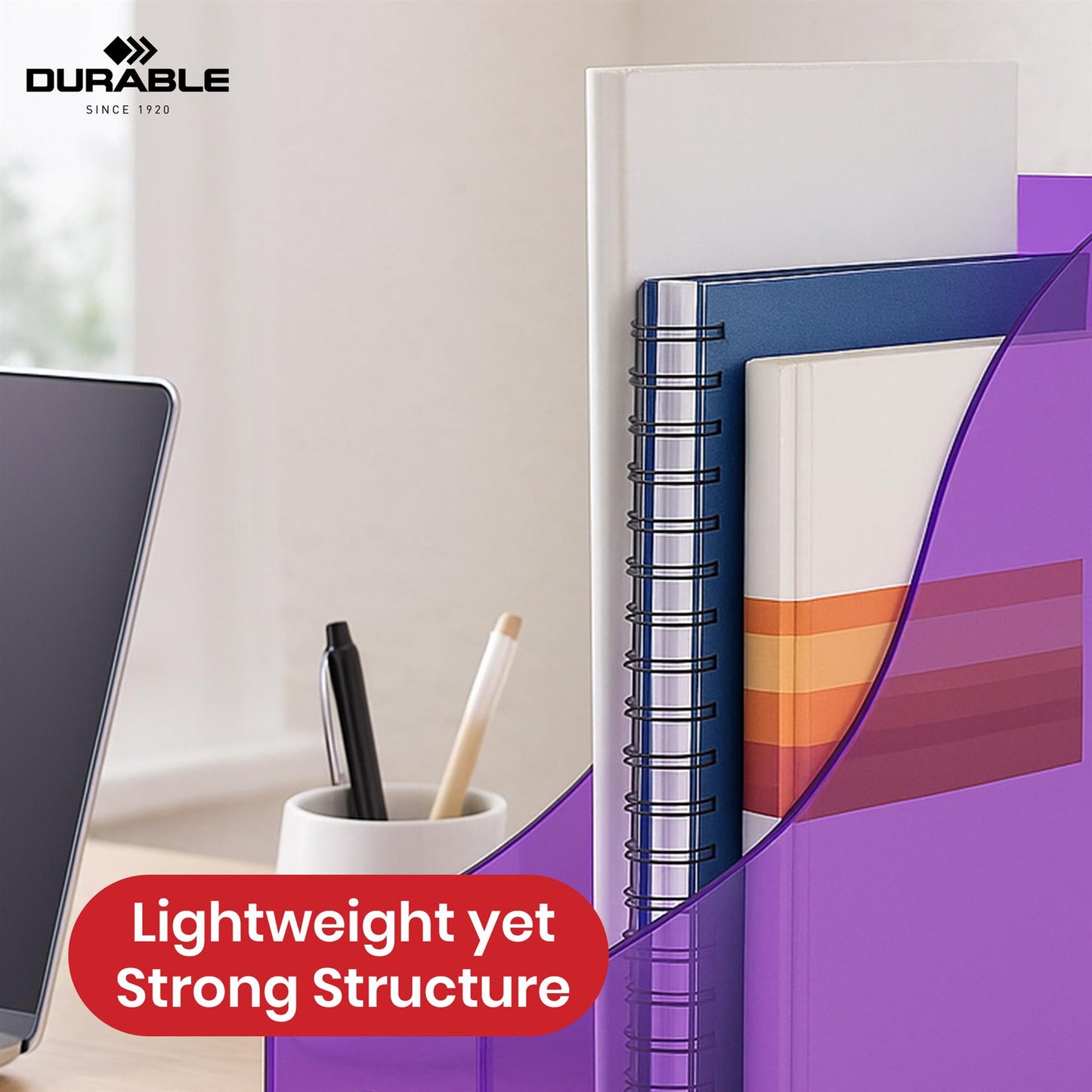 Durable Magazine Holder Purple Plastic A4 File Holder, 60 mm Capacity File Organiser for Flyer