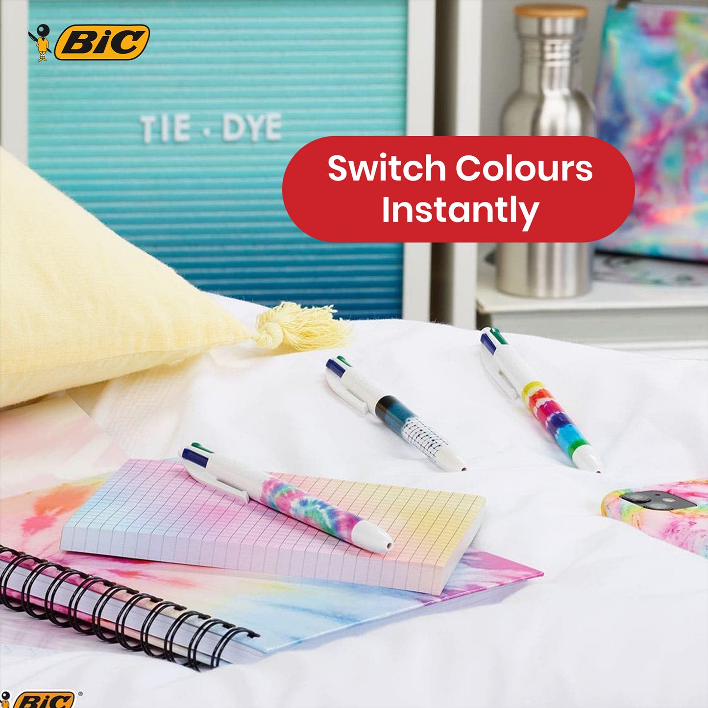 BIC 4 Colour Tie Dye Ballpoint Pens - Retractable Coloured Ballpoint Pens for Projects