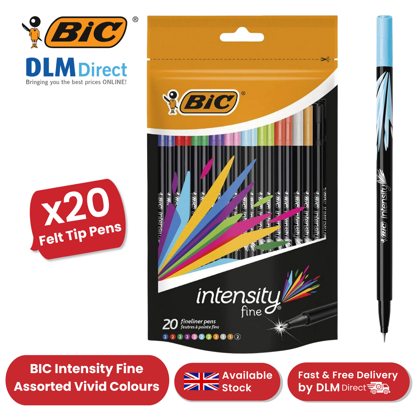 BIC Intensity Fine Felt Tip Pens Fine Point Assorted Colours - Doypack of 20