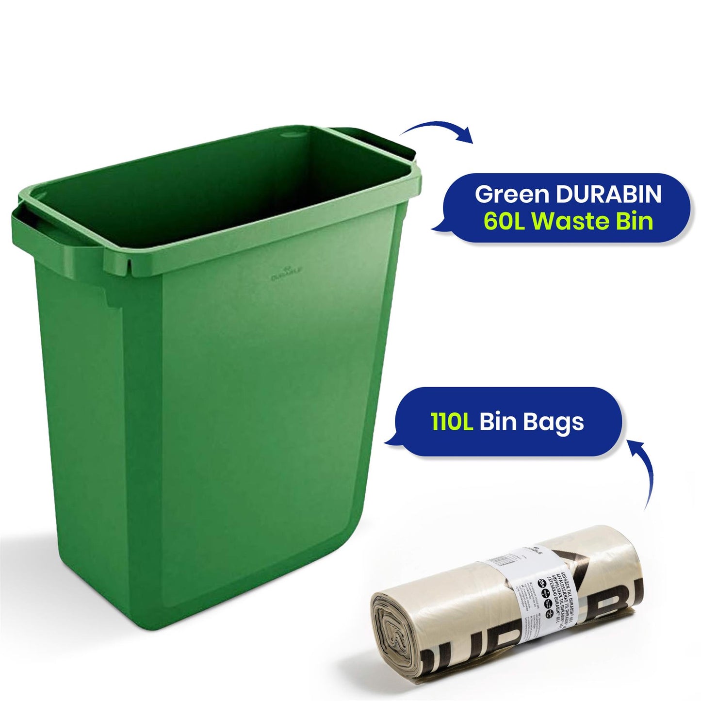110L Bin Bags 25 Pack and 60L DURABIN Waste Bin Green Bundle Strong Recycled Plastic Set