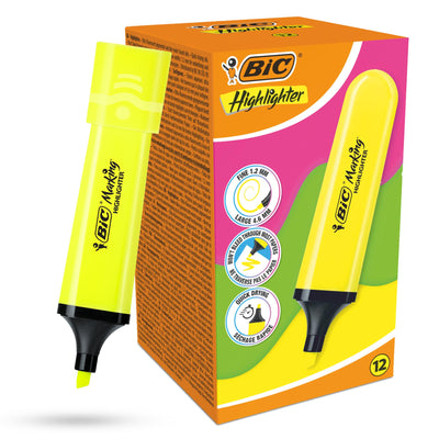 BIC 12x Marking Highlighter Flat Marker Neon Yellow Modular Tip for Precise Highlighting