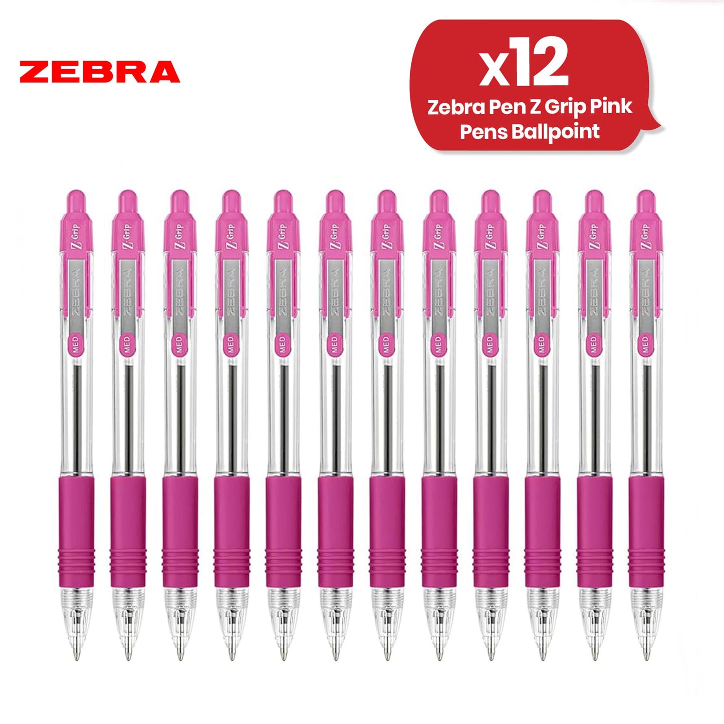 Zebra Smooth Ballpoint Pen Pink Z Grip Retractable Pen 1.0mm Medium Point Biro for School Office (Pack of 12)