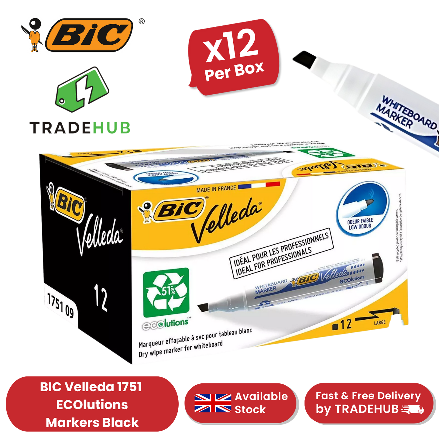 BIC VELLEDA MARKER 1751 BLACK - PACK OF 12 - 1 to 5 Packs