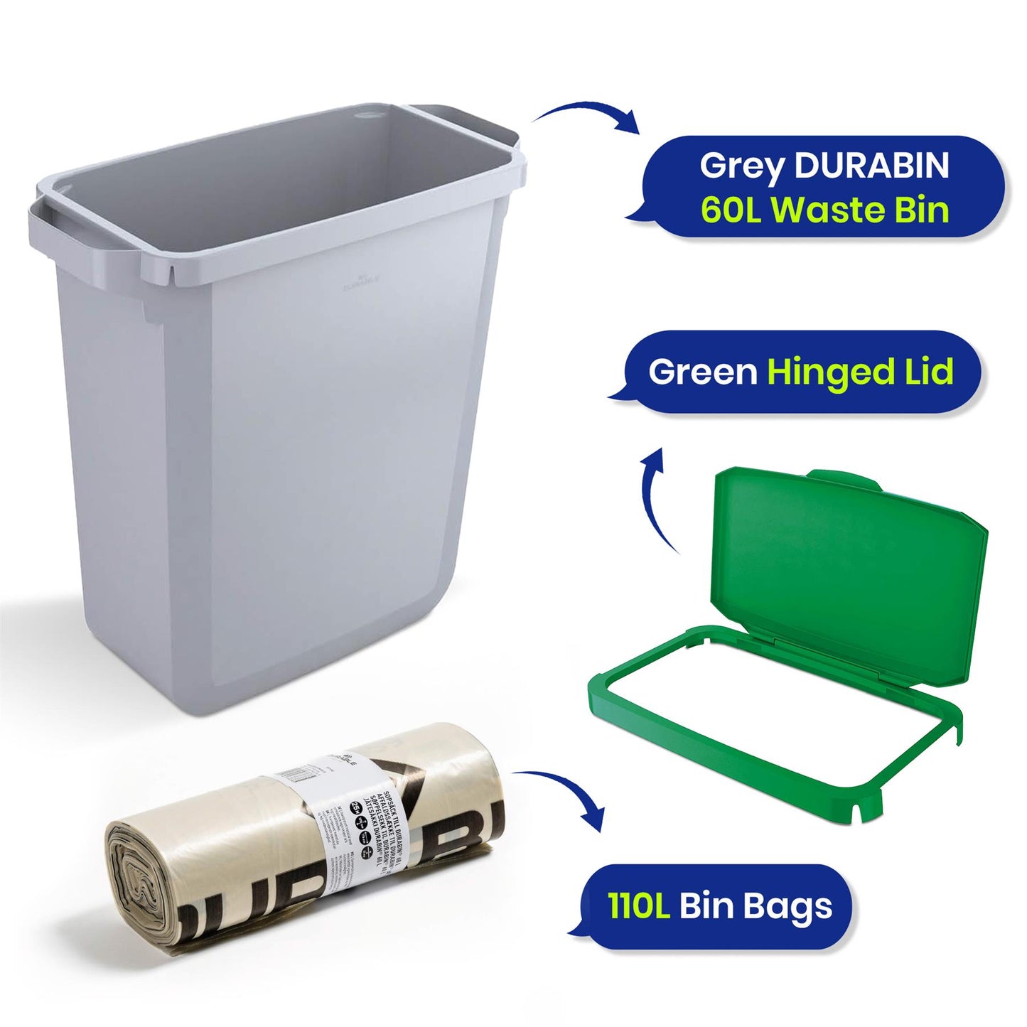 DURABIN 60L Grey Bin Set and Green Hinged Lid with Paper Slot & 25x 110L Bin Bags