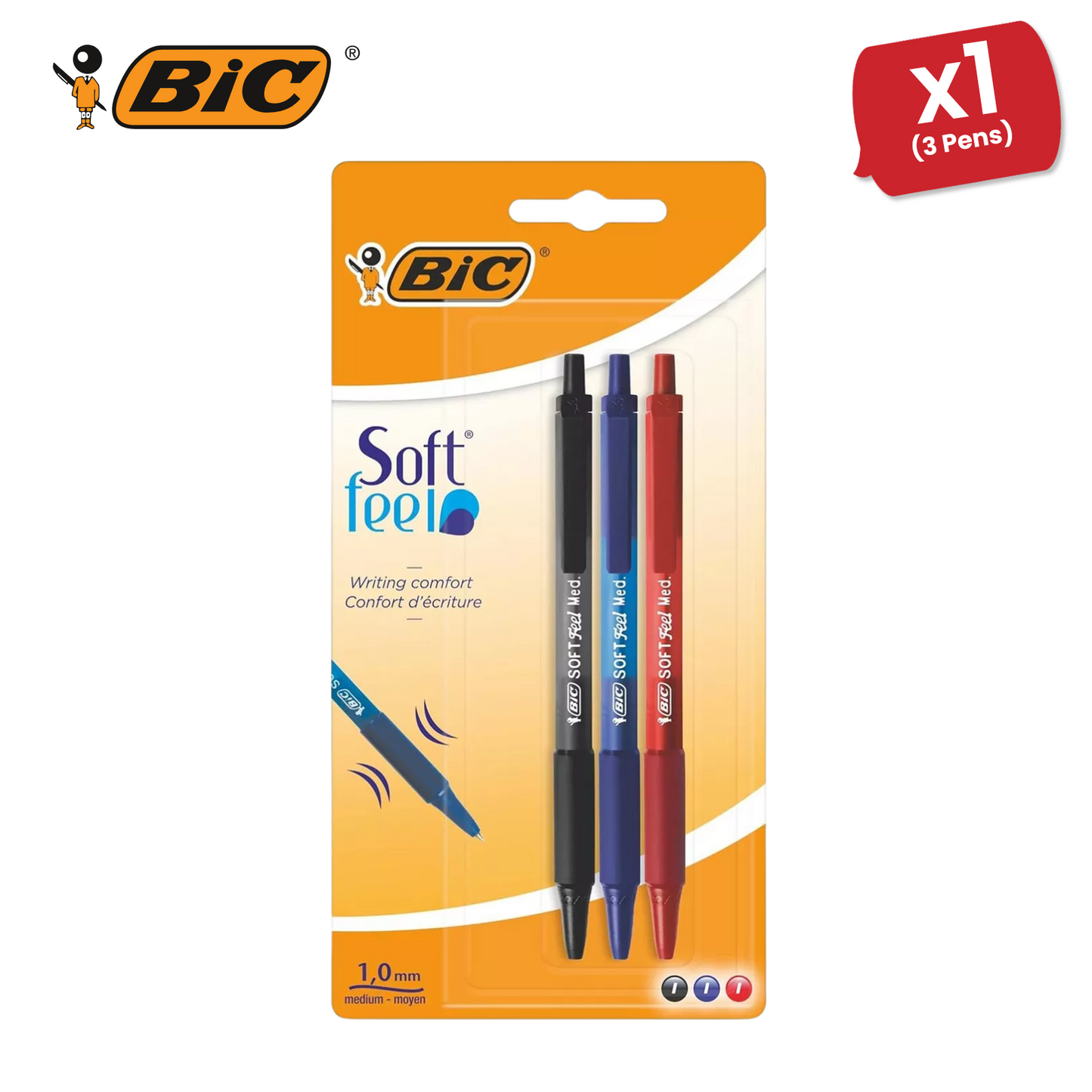 Bic Soft Feel Ballpoint Pens Medium Point (1.0 mm) (Black,Blue,Red), Pack of 3