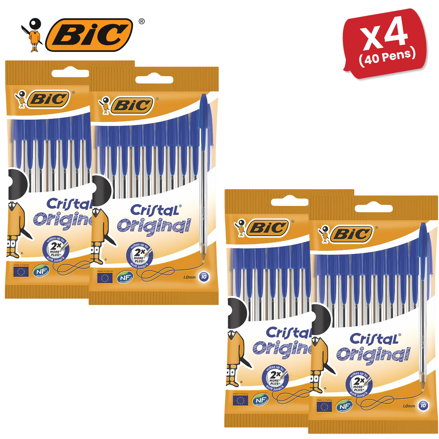 BIC Cristal Original Ballpoint Pens Medium Point (1.0 mm) Blue, Pouch of 8 - 1-5