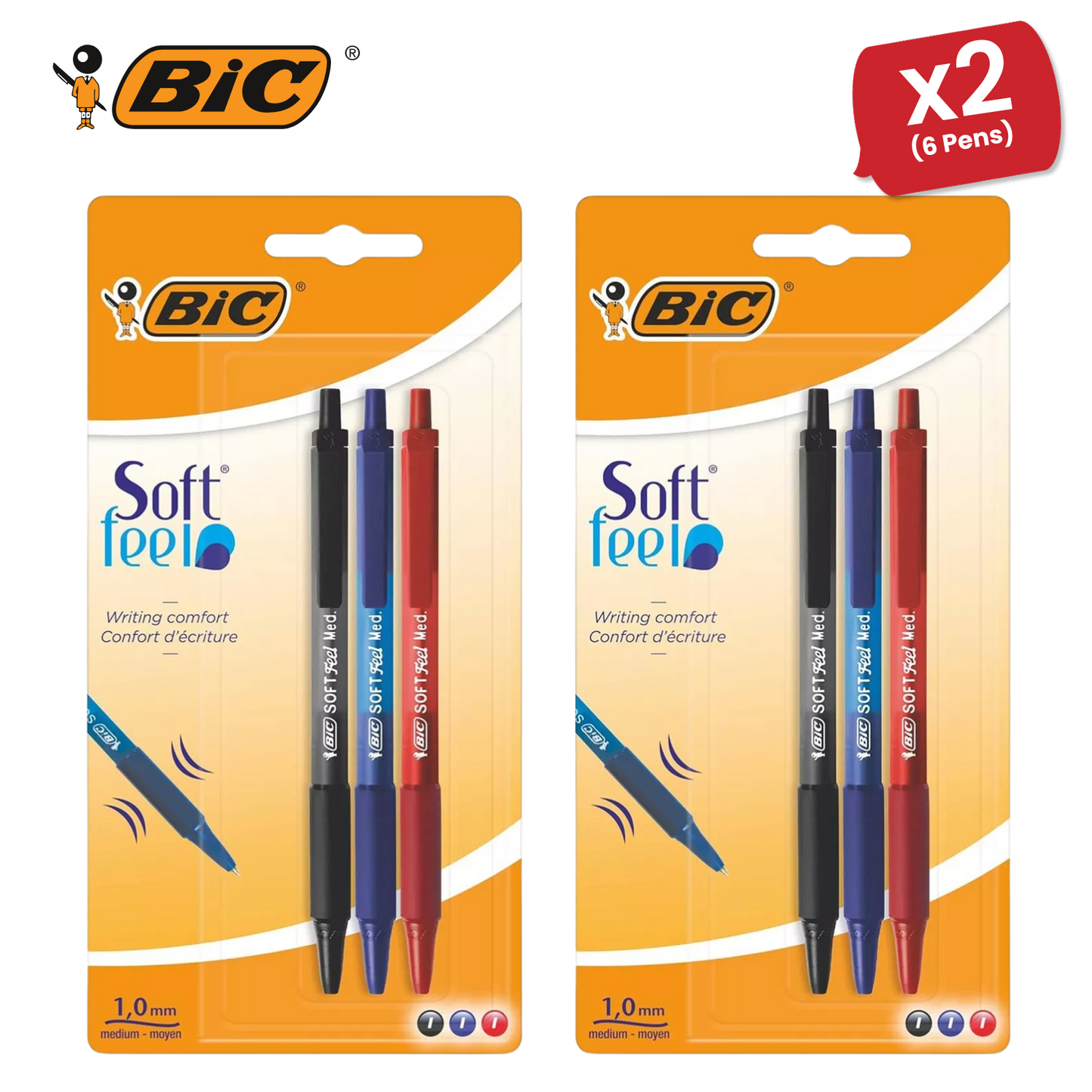 Bic Soft Feel Ballpoint Pens Medium Point (1.0 mm) (Black,Blue,Red), Pack of 3