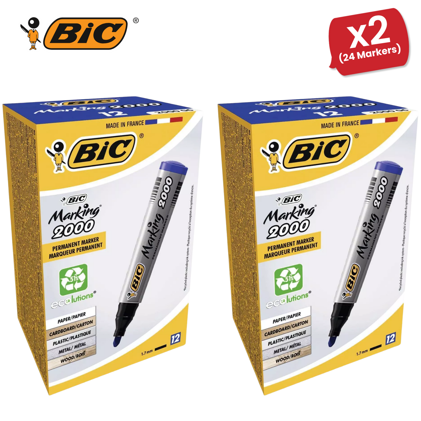 BIC Marking 2000 ECOlutions Permanent Bullet Tip Markers Blue - Box of 12 - 1 to 5 Packs