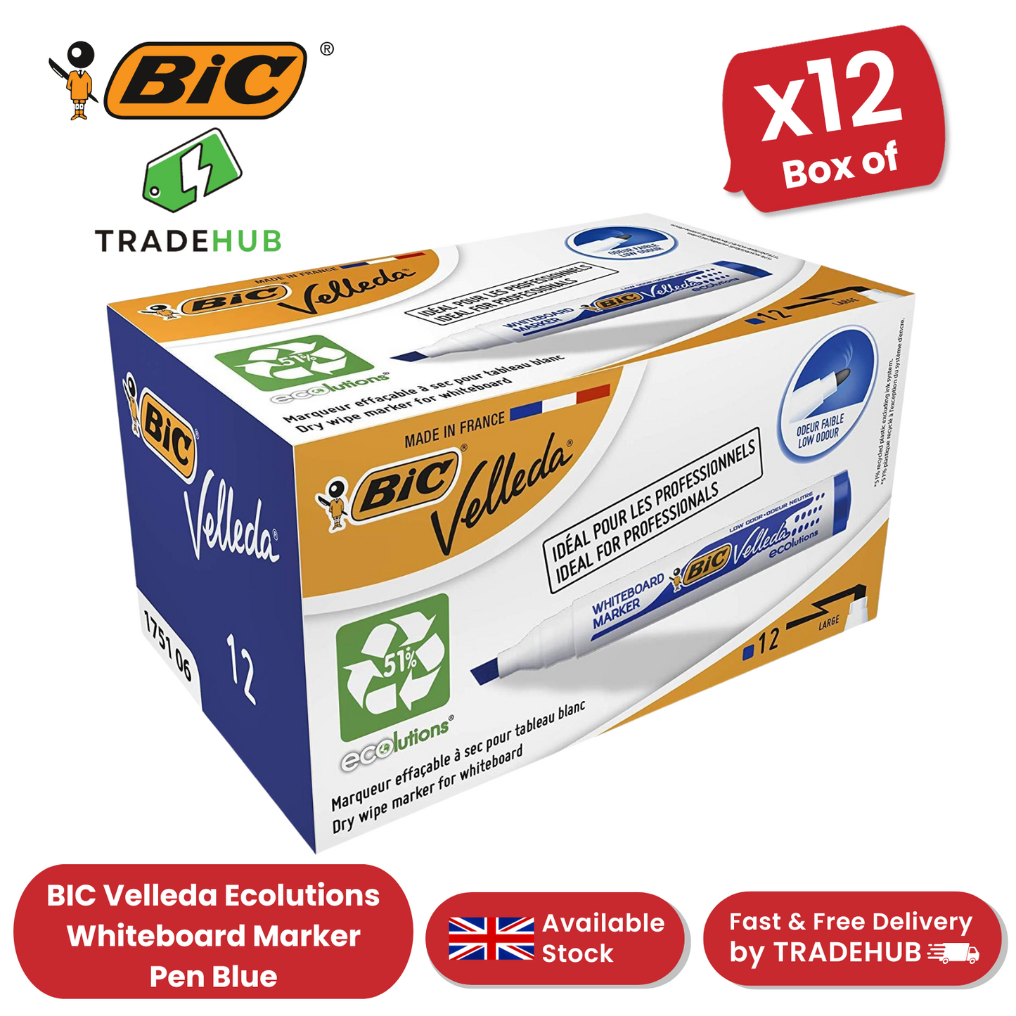 BIC Velleda 1751 ECOlutions Whiteboard Markers Blue - Box of 12 - 1 to 5 Packs