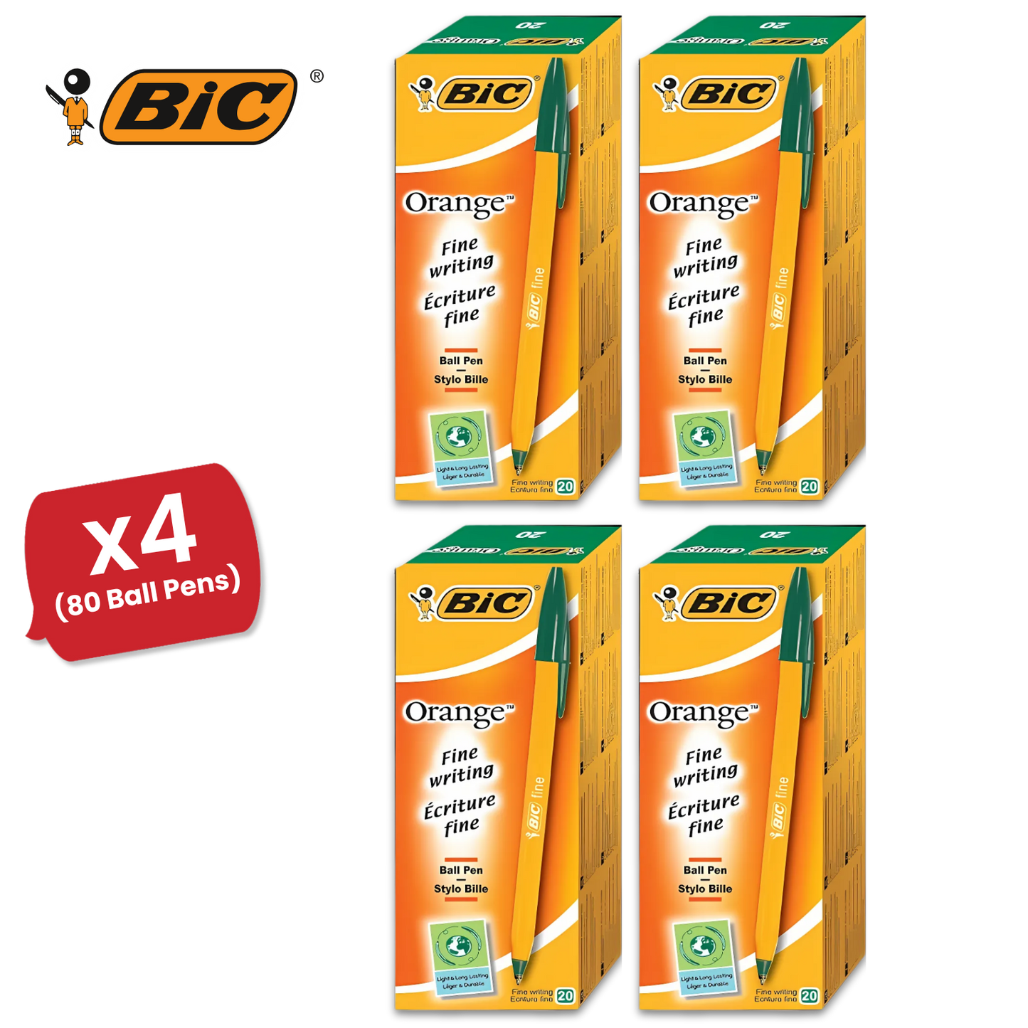 Bic Orange Ball Pen Fine Green PK20 1 to 5 Packs