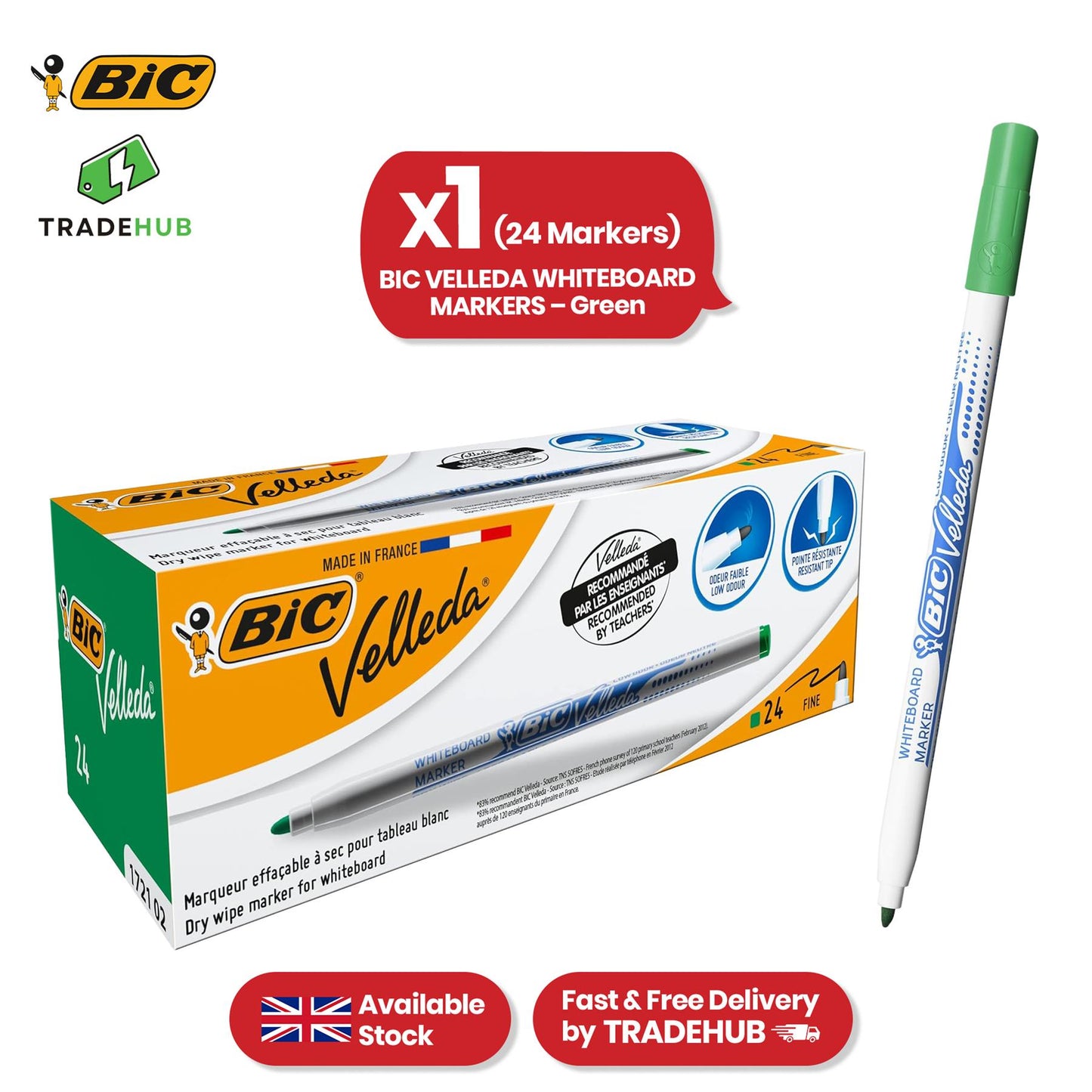 BiC Velleda 1721 Green Dry-Wipe Whiteboard Markers for Bold, Clean Writing, x24