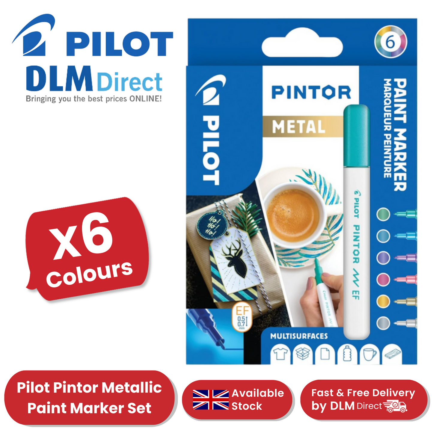 Pilot Pintor - Wallet of 6 Extra Fine - Gold, Pink, Blue, Green, Violet, Silver