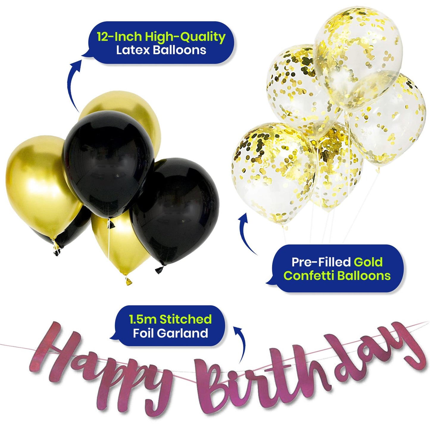 Gold Confetti Balloons Black Gold Balloons and Rose Gold Happy Birthday Garland