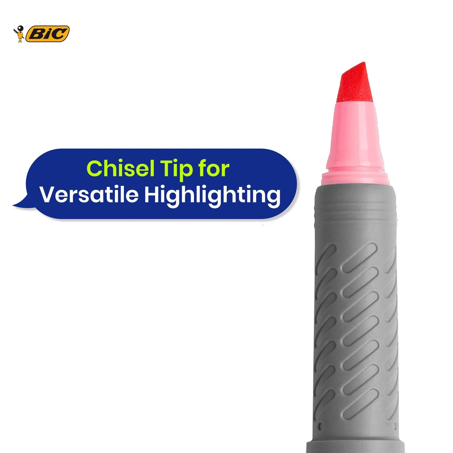 BIC Highlighter Grip Pastel, Highlighter Pens with Adjustable Chisel Tip, Assorted Colours, Pack of 6