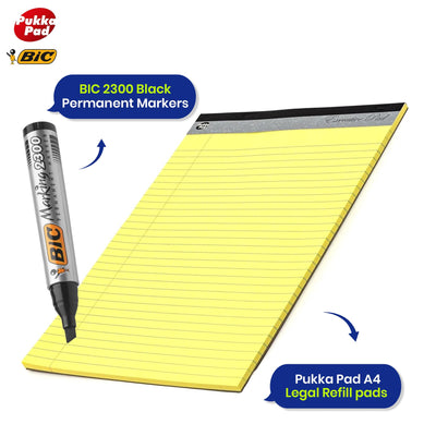 BIC 2300 Permanent Markers Pack of 3 & Pukka Pad A4 Notepads 3Pack, Complete Study Kit
