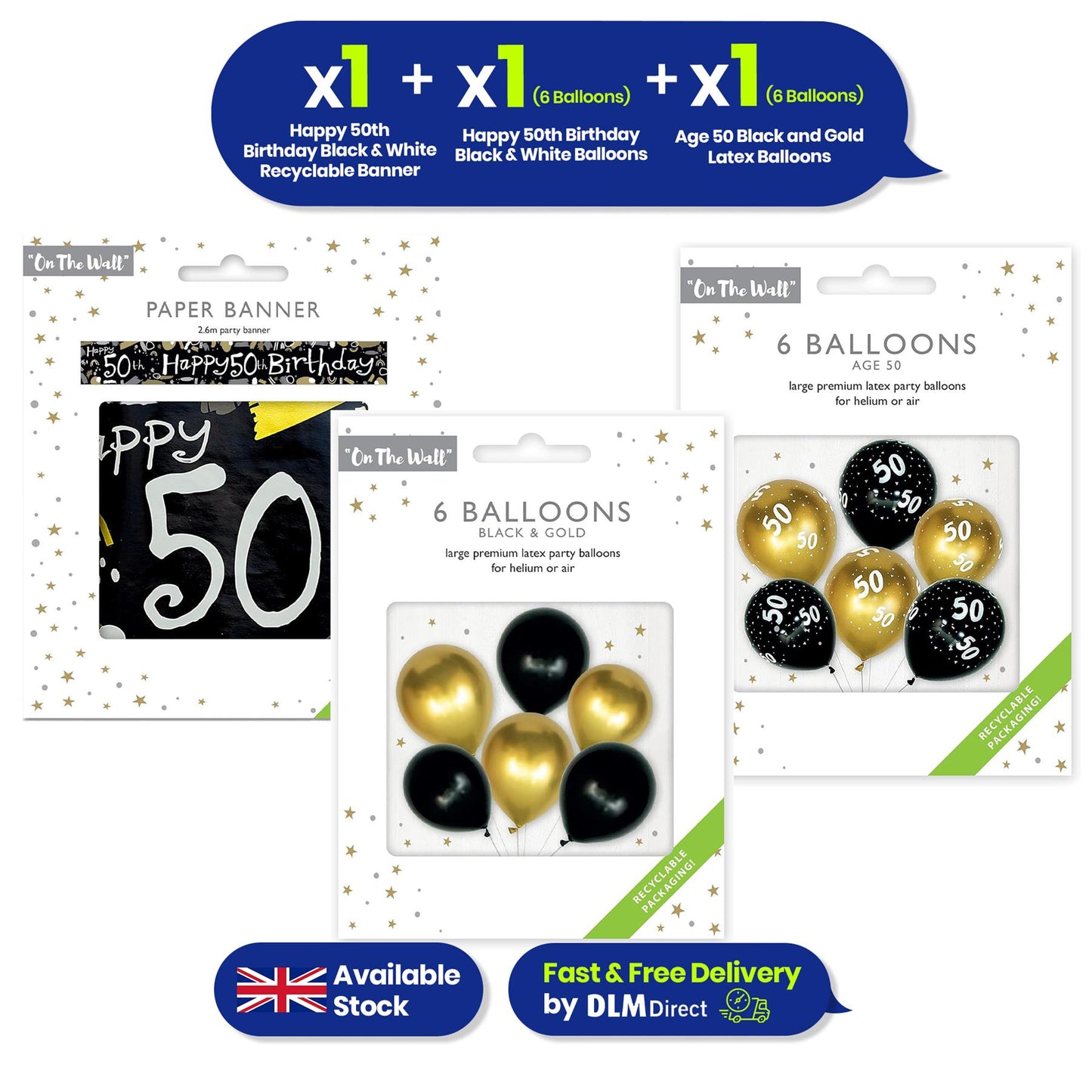 Black and Gold Balloons with 50th Birthday Banner Party Decoration Set 12 Inch