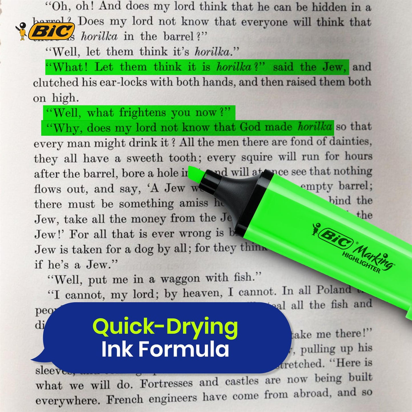 BIC Highlighter Flat Marker Neon Green Pack of 3 & 4x Assorted Chisel Tip Quick Dry