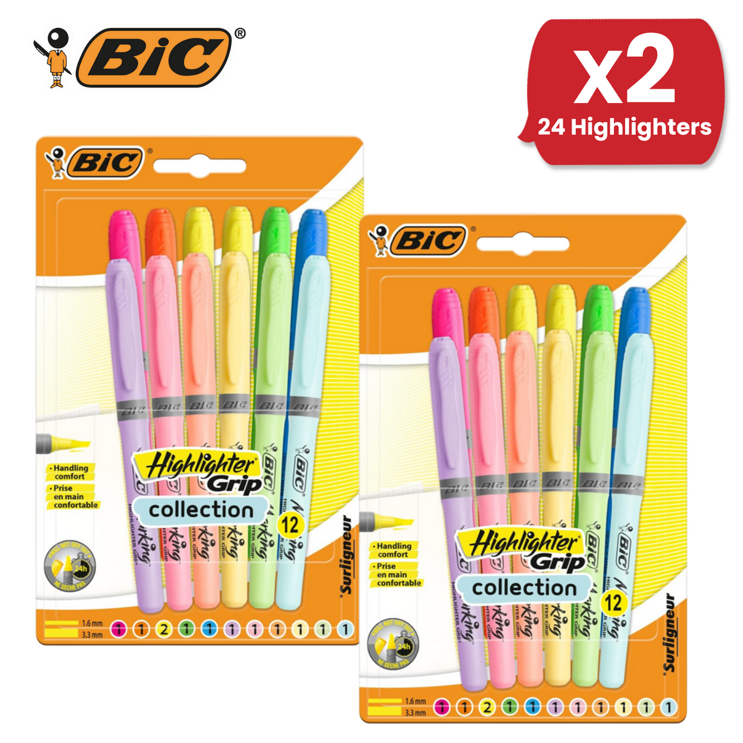 BIC Marking Highlighter Grip Collection Multi Colours Office & School Pack of 12