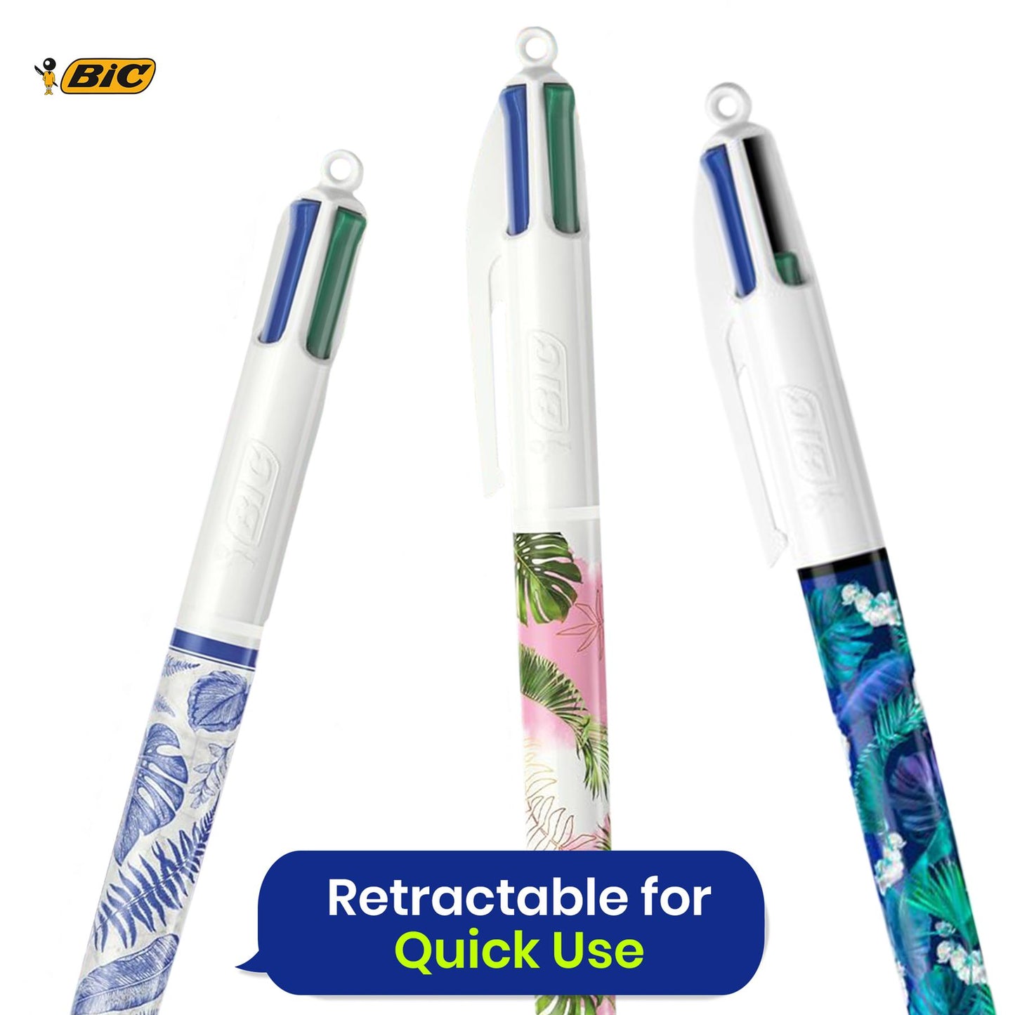 BIC 4 Colours Ball Pens Botanical Pack of 3 with Black Blue Red Green Ink