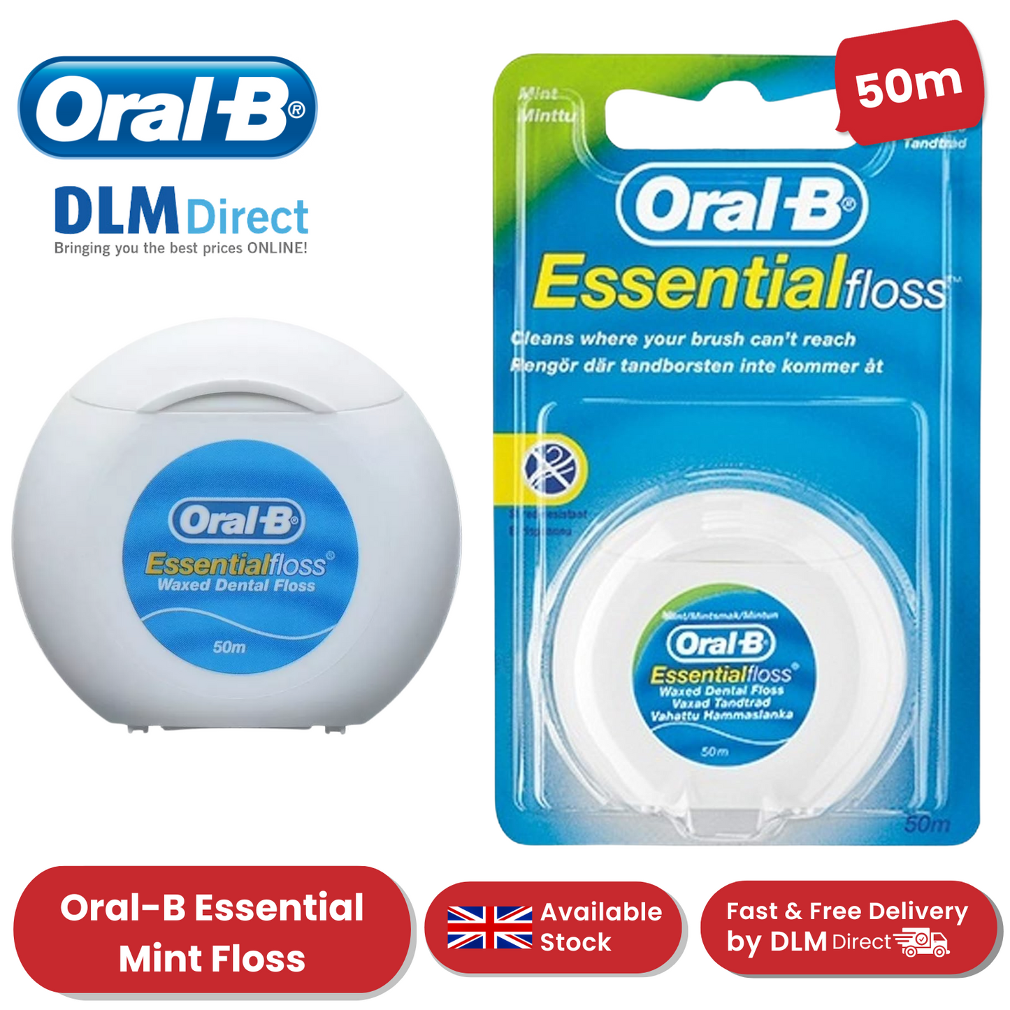 ORAL B ESSENTIAL 50M FLOSS REGULAR UNWAXED - PACK OF 1 - 1 to 36 Packs