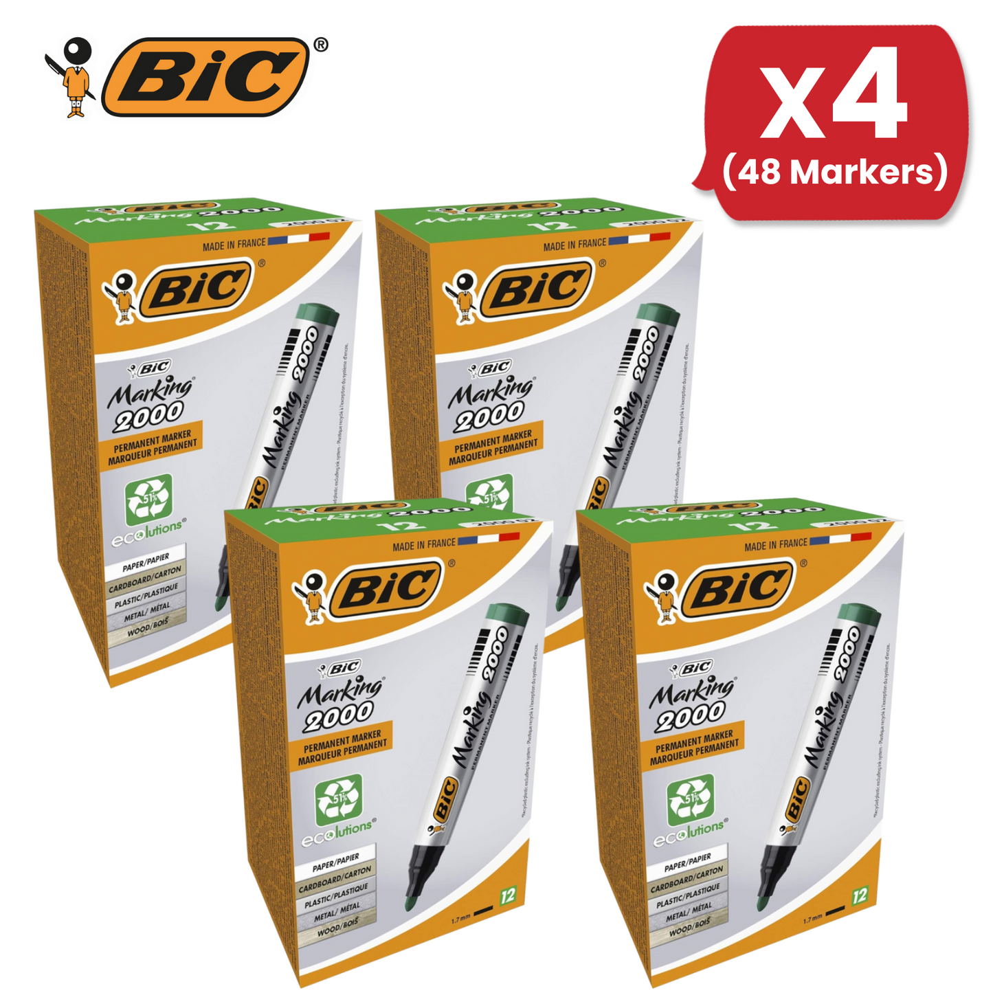 BIC Marking 2000 Ecolutions Permanent Markers Green 1.7mm Bullet Tip Pack of 12