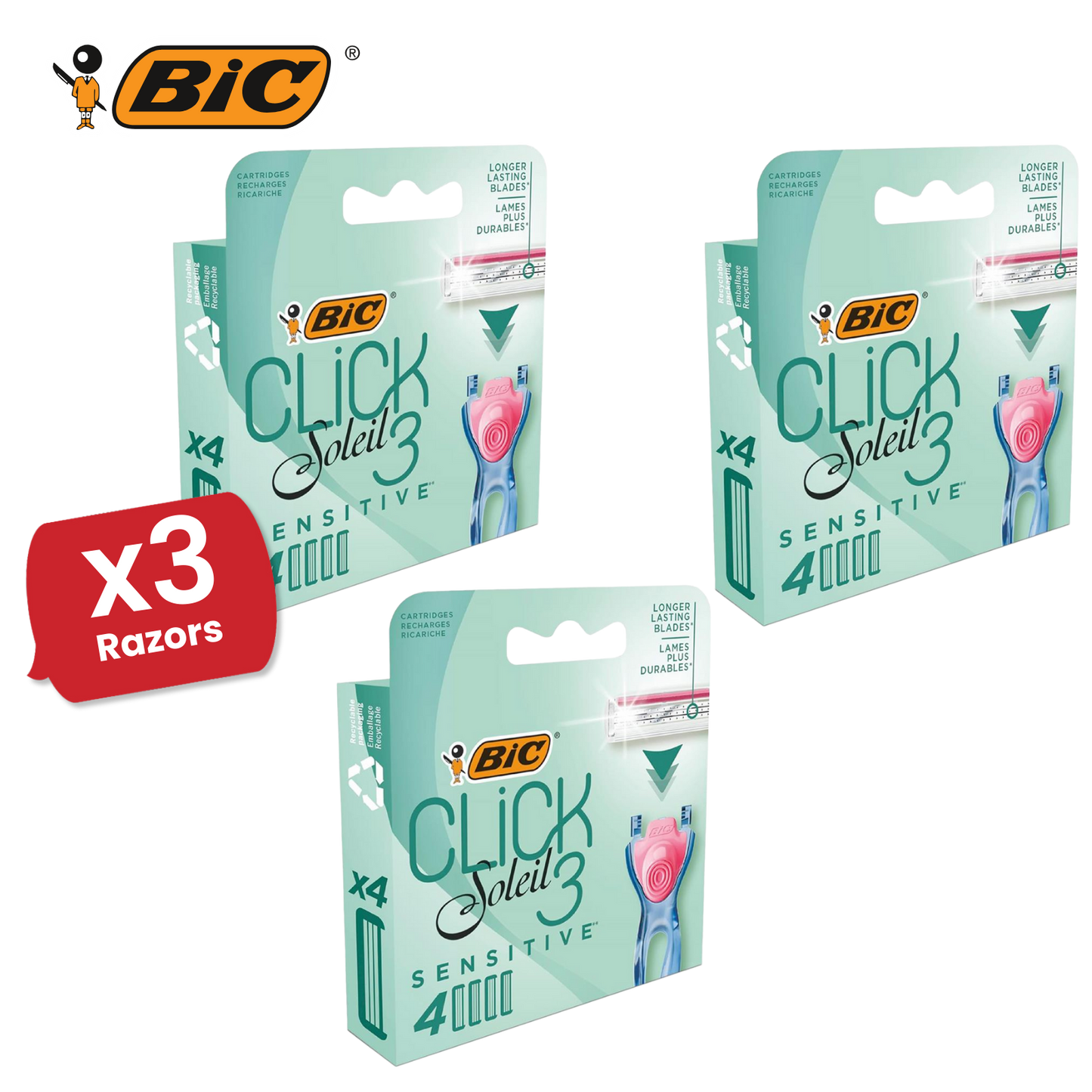 BIC Click 3 Soleil Sensitive Women's Razor Refills - 1 Box of 4 Blades