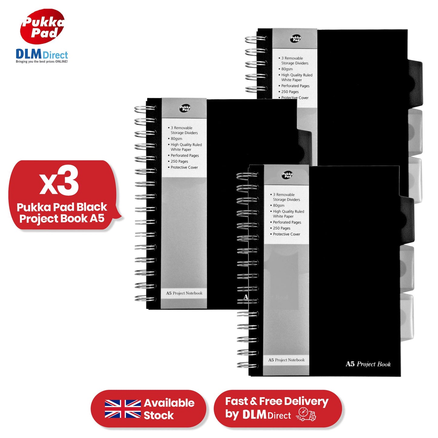 Pukka Pad Black Project Book A5, 250 Pages, With Dividers, Stylish Notebook For Study & Notes