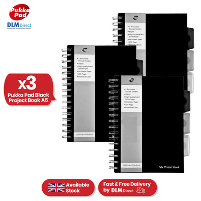 Pukka Pad Black Project Book A5, 250 Pages, With Dividers, Stylish Notebook For Study & Notes