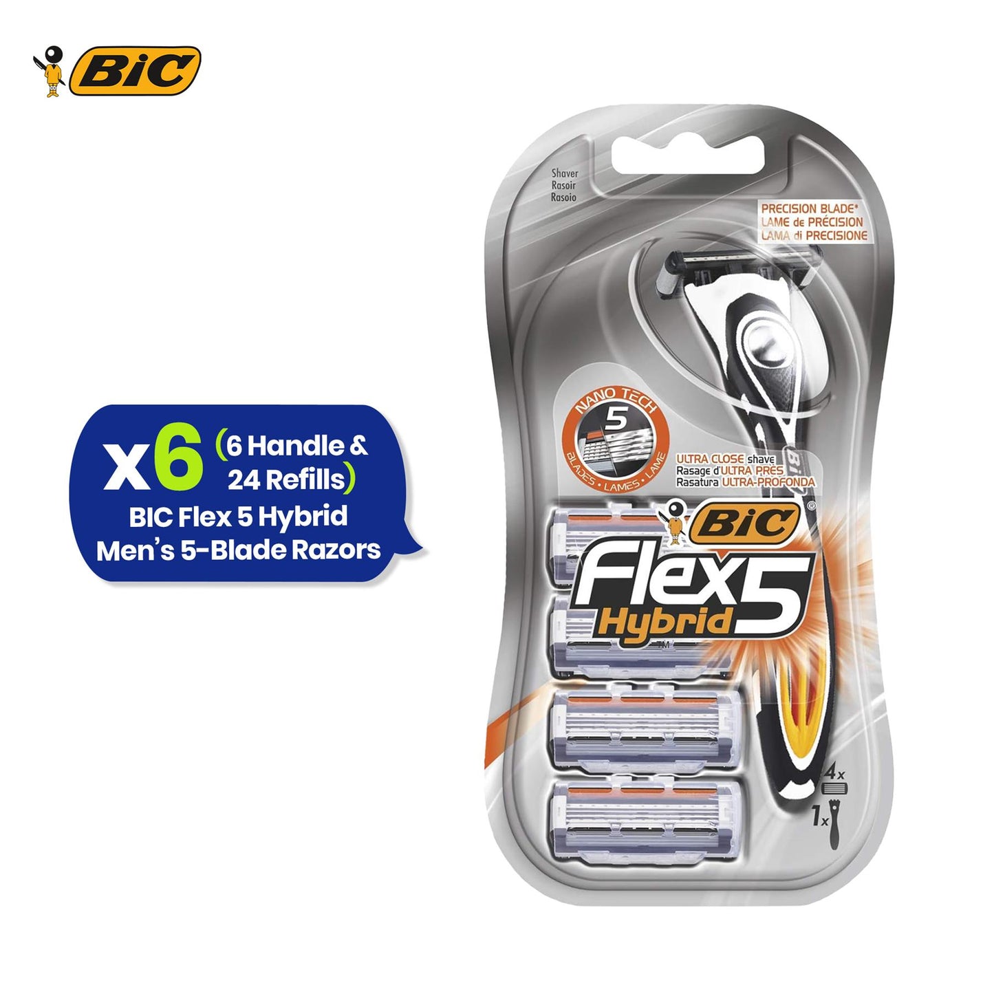 BIC Flex 5 Hybrid, Men's 5-Blade Razors, Precision Blade for Accuracy, Pack with 1 Handle and 4 Refills