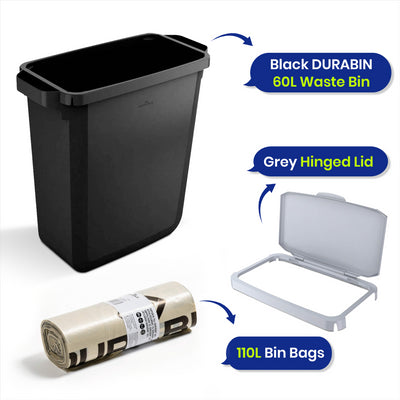 DURABIN 60L Black Bin Set and Grey Hinged Lid with 25x 110L Bin Bags