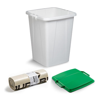 DURABIN 90L White Bin with Green Lid and 25x 110L Recycled Bin Bags for Everyday Use