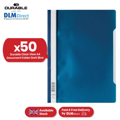 Durable A4 Project Folders - 50 Pcs Dark Blue Polypropylene Clear View File Folder for Office & Desk