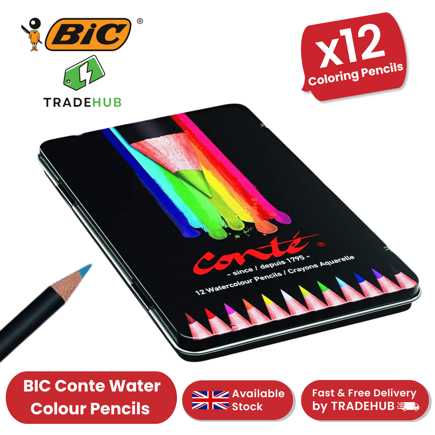 BIC Conte Watercolour Pencils Assorteed - Tin of 12