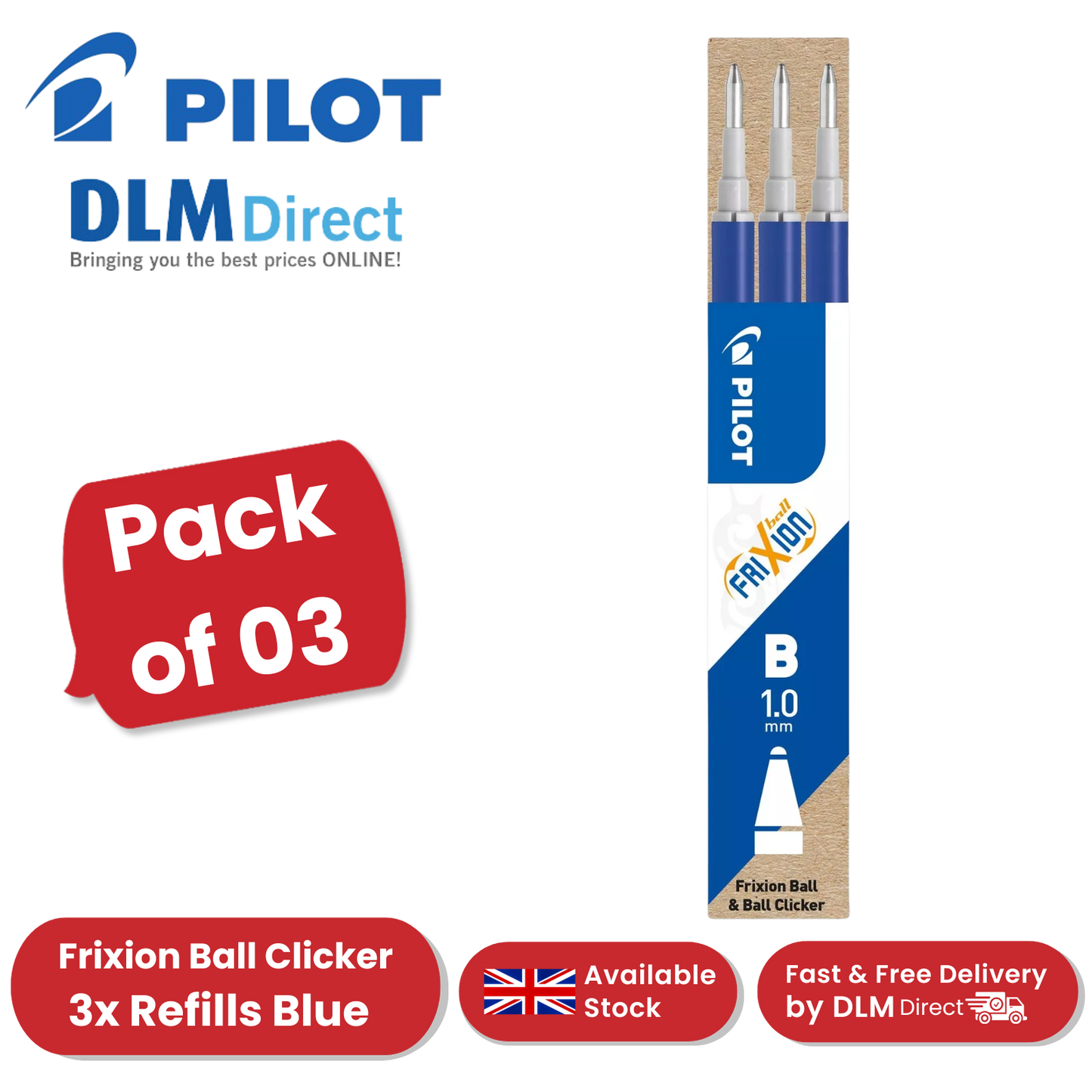 Pilot Frixion Refill 1.0mm Broad - Blister Pack of 3 - Blue