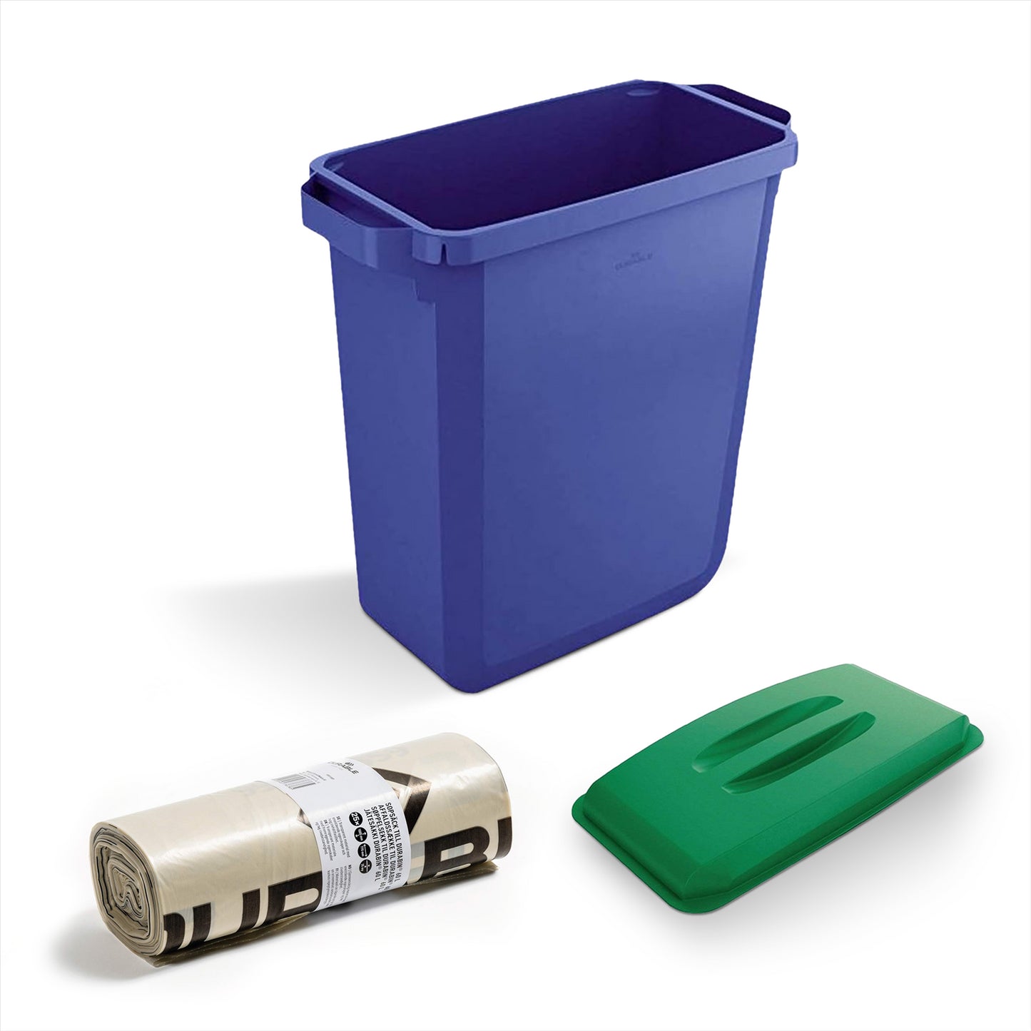 DURABIN 60L Blue Bin Set & Green Lid and 25x 110L Recycled Bin Bags