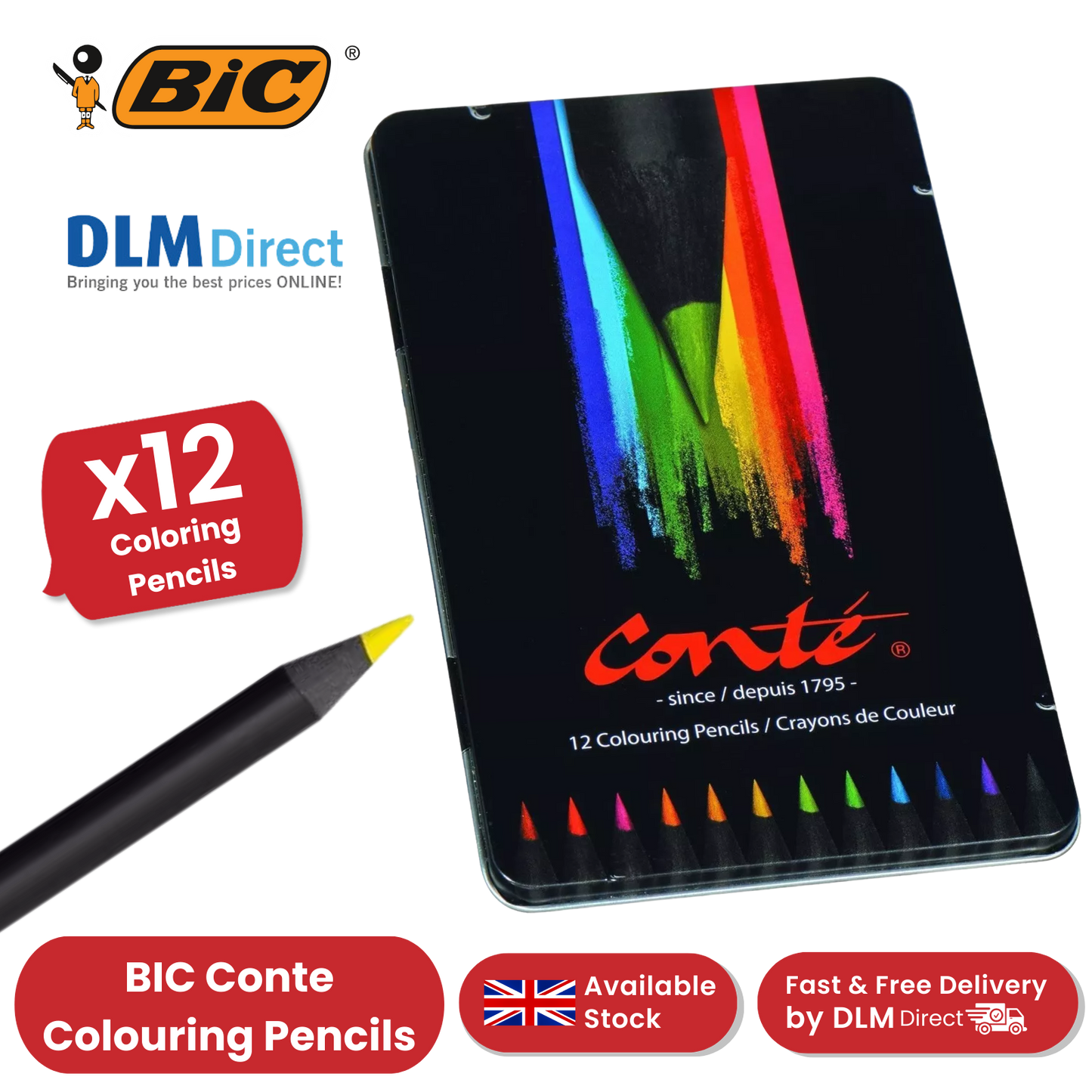 BIC Conte Colouring Pencils - Wood Free Colouring Pencils - Tin of 12