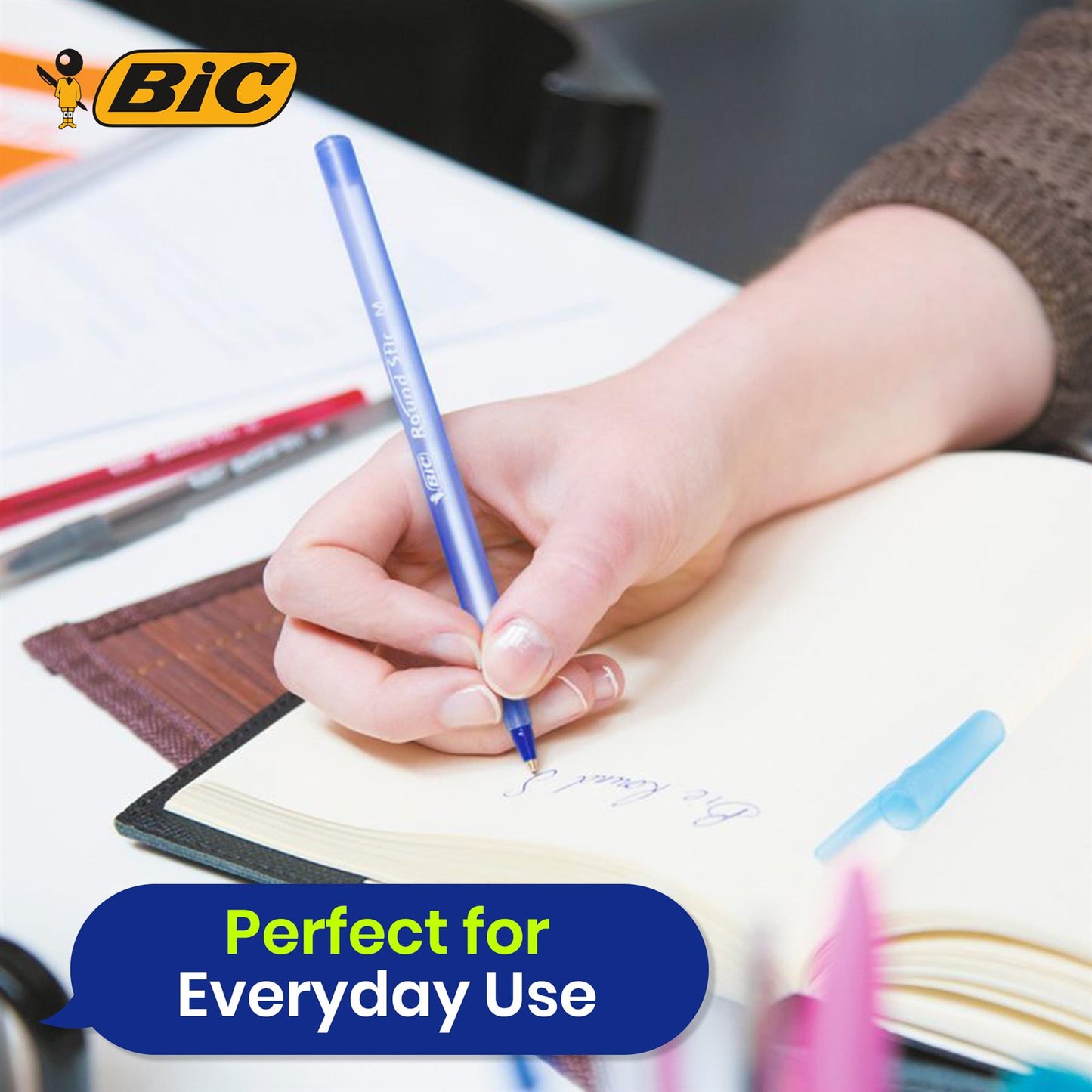Bic Round Stic Medium Writing Ball Pen - BLUE - PACK OF 8