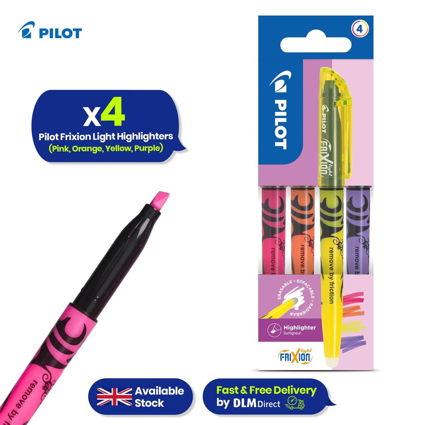 Pilot Frixion Light Highlighters - Blister Pack of 4 - Pink, Orange, Yellow, Purple