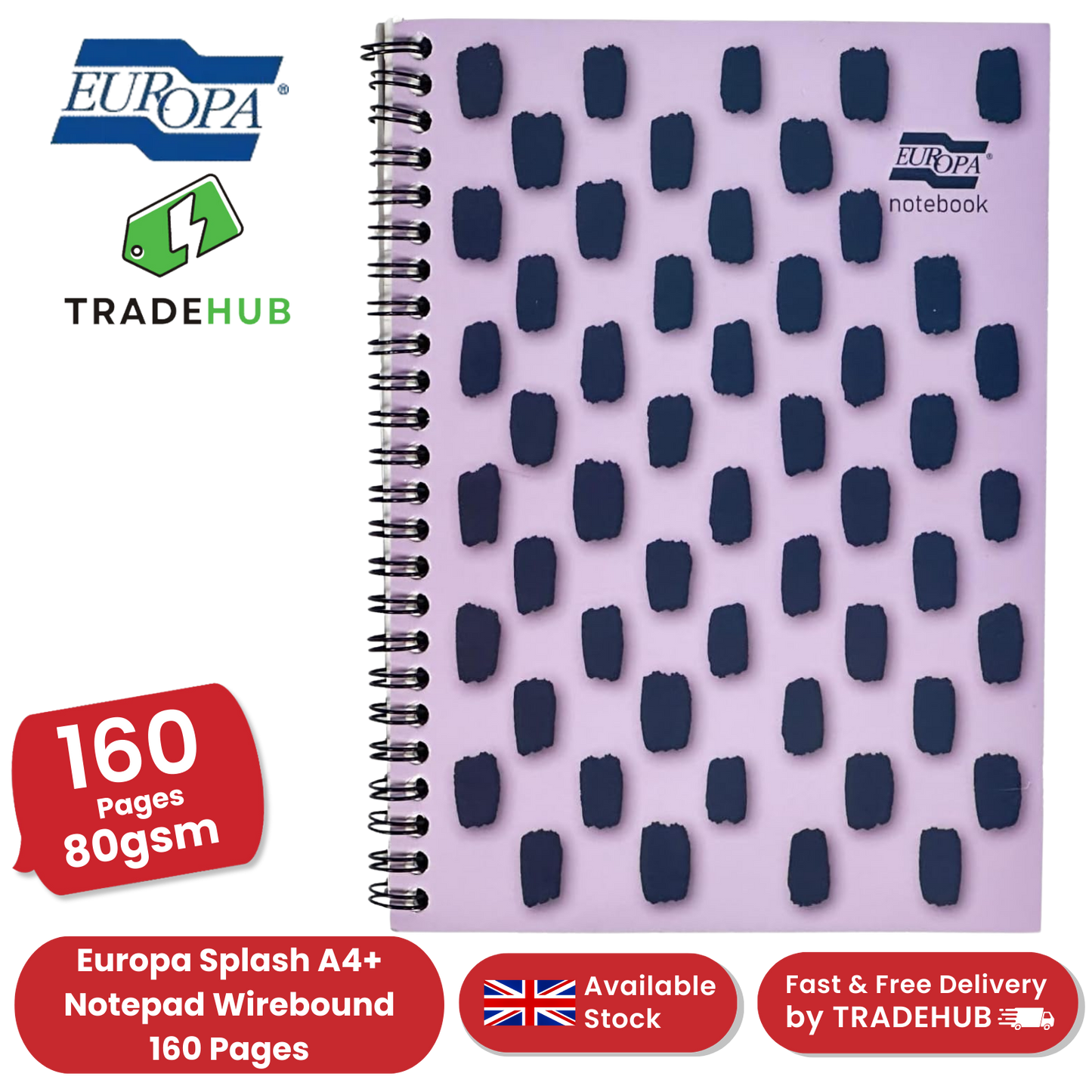 Europa Splash A4+ Notepad Wirebound 160 Pages 80g FSC Paper Ruled Punched Purple