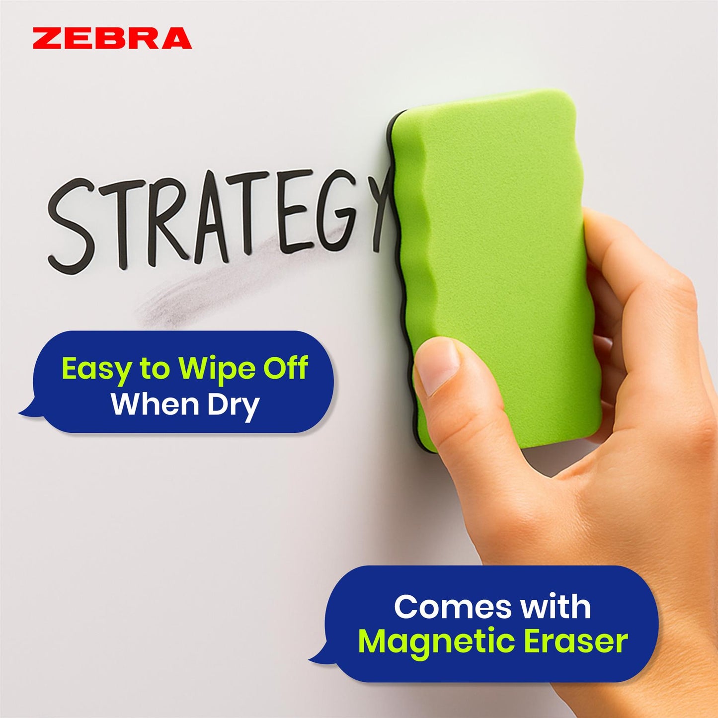 Zebra Whiteboard Pens 4 Pack with 2mm Bullet Tip and Magnetic Eraser for Daily Use
