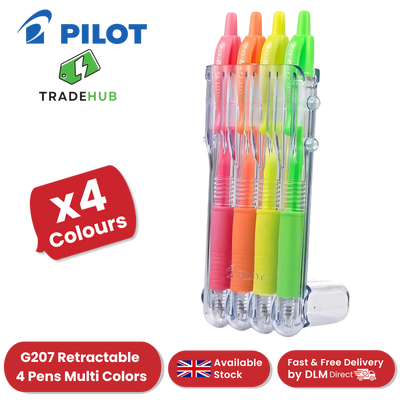 Pilot G207 Retractable Gel Pens Neon - Green, Yellow, Orange & Pink - Pack of 4