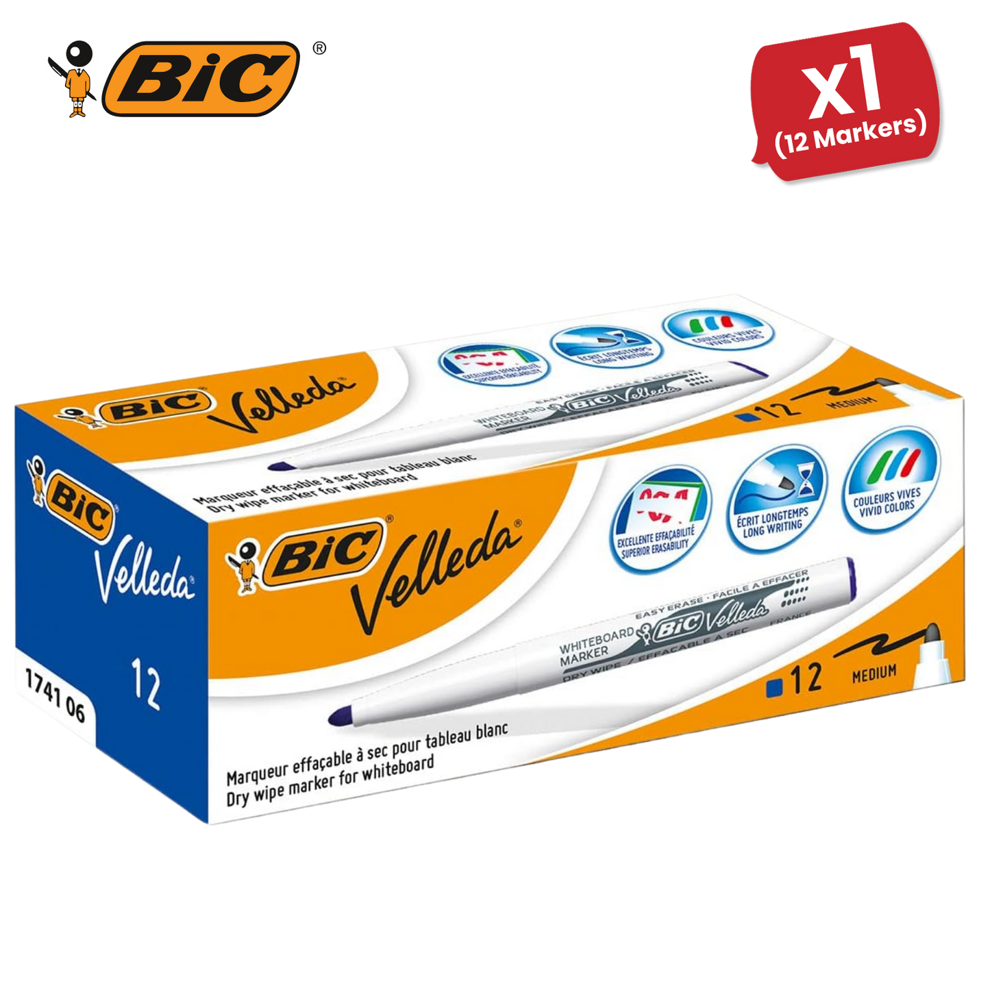 Bic Velleda 1741 Whiteboard Drywipe Markers Blue  - Box of 12 - 1 to 5 Packs