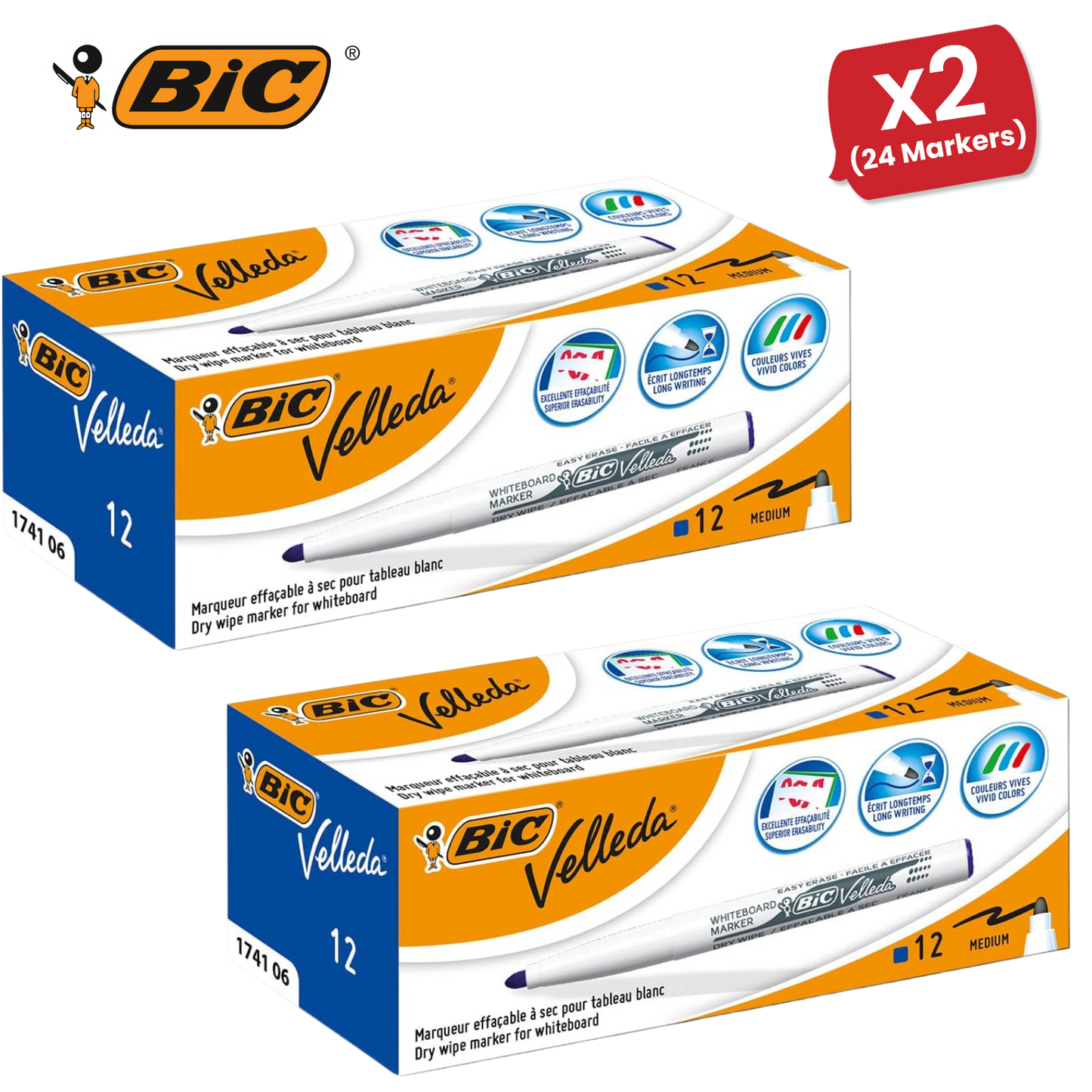 Bic Velleda 1741 Whiteboard Drywipe Markers Blue  - Box of 12 - 1 to 5 Packs