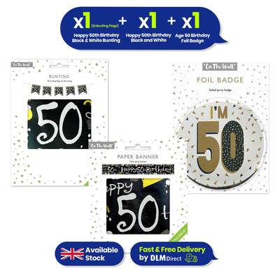 50th Birthday Decoration Set Silver Badge Black and White Banner and Bunting